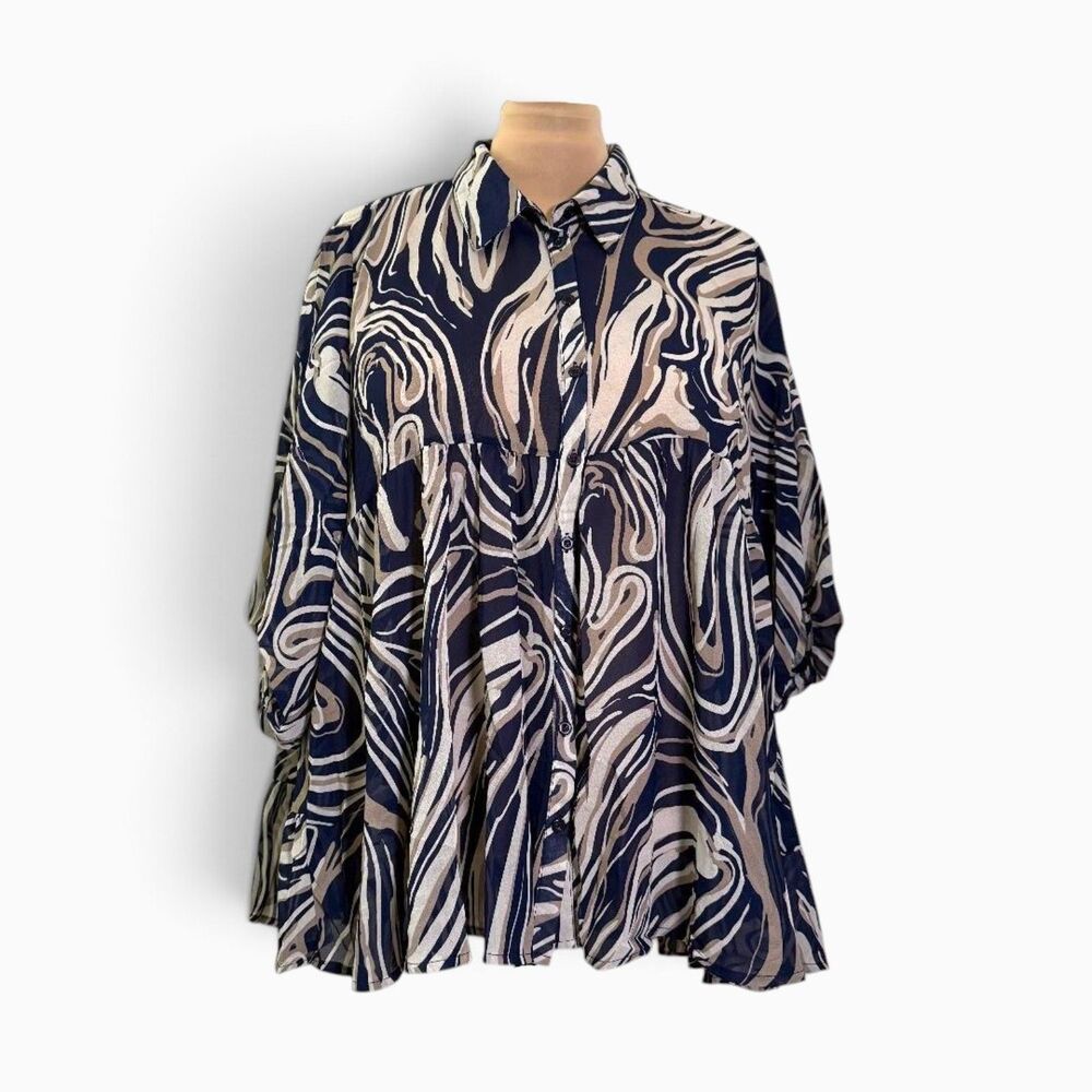 Umgee Marble Print Collared Button Up Shirt in Black, NWT! Size LARGE